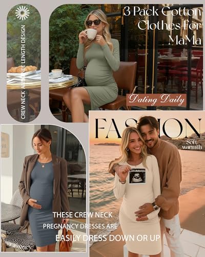 Riyiper 3 Pack Women's Long Sleeve Maternity Dresse - color: Army Green, Apricot, Dark Gray, size: Medium