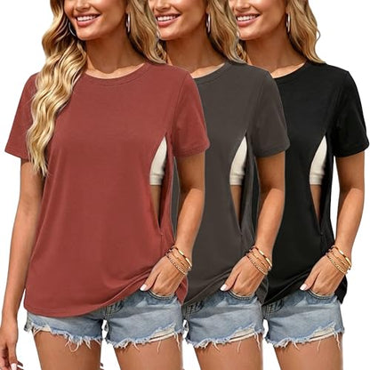 Ecavus 3 Pack Nursing Shirts for Breastfeeding, Hidden Zippers Nursing Tops - color: Black/Charcoal/Red Wood, size: Small