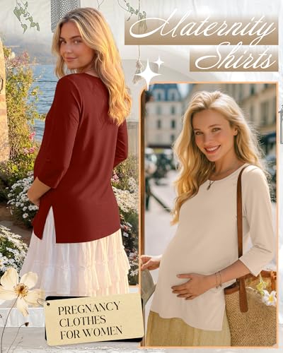3 Pack Women's 3/4 Sleeve Maternity Loose Crewneck Tops - color: Coffee, Red, Beige, size: Medium