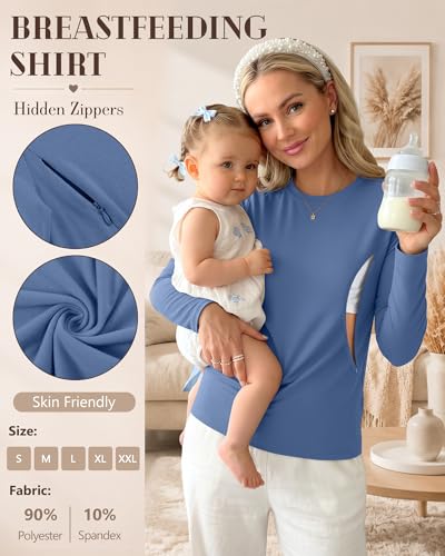 3 Pack Women Long Sleeve Maternity Nursing Tops - color: Black, Dark Green, Haze Blue, size: Medium