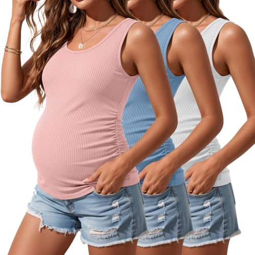 Riyiper 3 Pack Women's Maternity Tank Tops - color: White, Light Blue, Pink, size: Large