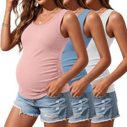 Riyiper 3 Pack Women's Maternity Tank Tops - color: White, Light Blue, Pink, size: XX-Large