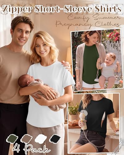 Huukeay 4 Pack Women's Nursing Breastfeeding T-Shirts - color: Army Green, Coffee, White, Black, size: Medium