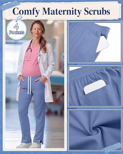 3 Pack Comfy Women's Maternity Scrub Pants - color: Light Blue, Dark Gray, Black, size: X-Large