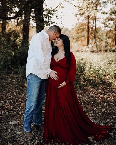 Long Sleeve Maternity Dress for Photoshoot Plus Size - color: Burgudy, size: Medium