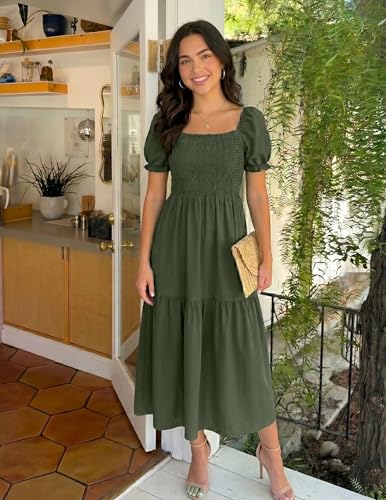 ZESICA Womens 2026 Summer Boho Floral Ruffle Maxi Dress - color: Armygreen, size: Medium
