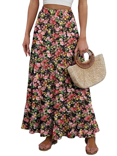 ANRABESS Women’s Summer Flowy Maxi Skirts with Pockets - color: Floral Black Red, size: Small
