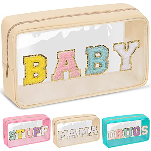 Chenille Letter Clear Makeup Bag with Zipper and Waterproof Nylon - color: BABY-Beige