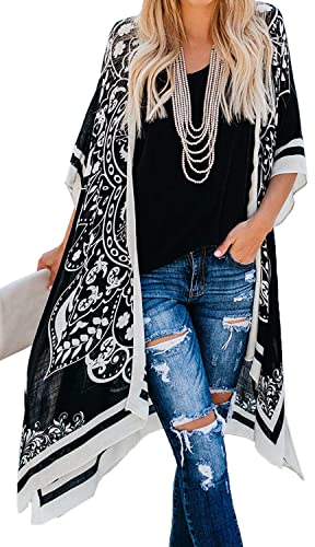 Women's Kimono Swimsuit Coverups Summer Beach Loose Cardigans for Swimwear - color: Black Boho, size: Small