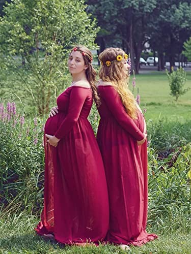 YnimioAOX Maternity Photoshoot Dress Off Shoulder Long Sleeve - color: Burgundy