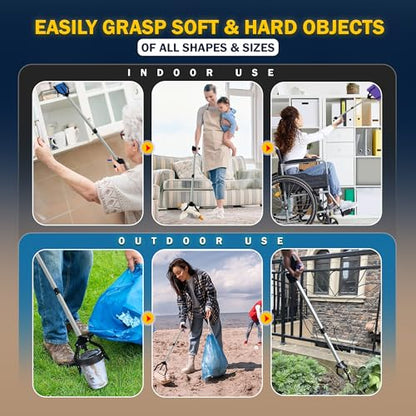 3 Claw Grabber Reacher Tool Heavy Duty, 2025 Updated 32" Lightweight, Foldable, Wide Jaws, Steel Cable, Rubberized Strong Grip Garbage Trash Picker Upper Grabber for Seniors Pick Up Stick Pickup Tool