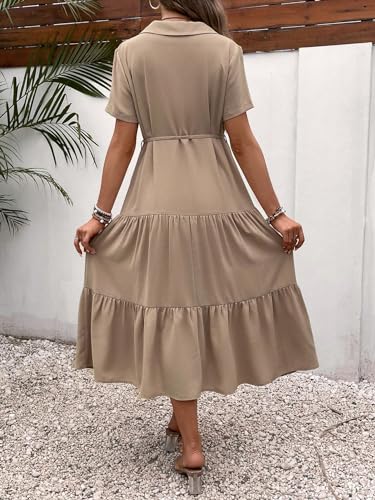 OYOANGLE Women's Maternity Button Belted Dress - color: Khaki, size: Medium