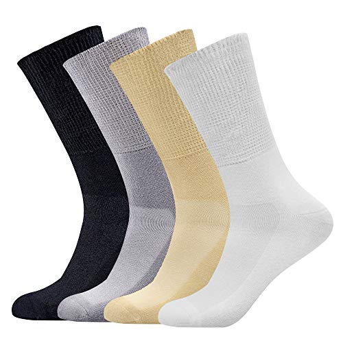 Busy Socks 4 Pack Crew Thin Non Binding Top Diabetic Socks for Men Women - color: 4 Pairs Black/White/Gray/Beige, size: Large