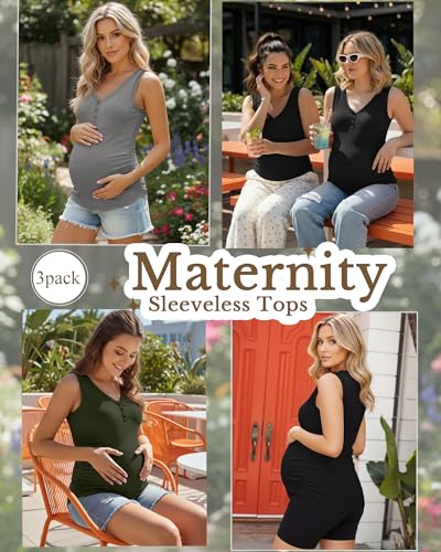 3 Pack Women Maternity Henley Tank Tops - color: Black, Light Mixed Gray, Army Green, size: Medium