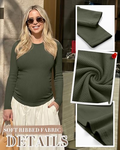 4 Pack Womens Ribbed Maternity Shirts Slim Fit Tops - color: Army Green, White, Light Gray, Black, size: Small
