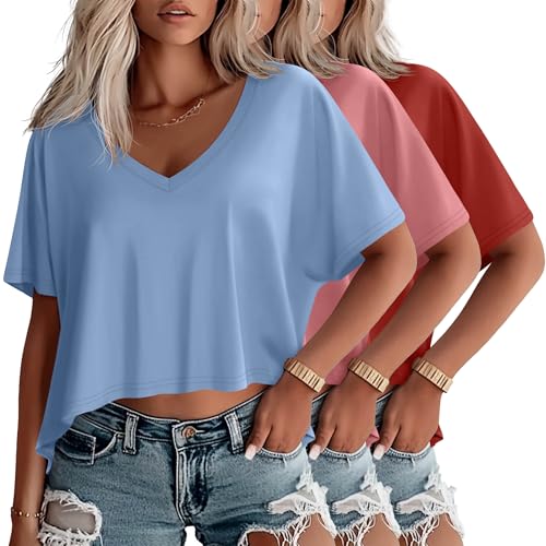 Huukeay 3 Pack Women's Oversized V Neck T Shirts - color: Blue, Coral, Orange, size: Large