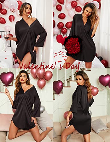 Ekouaer Satin Nightgowns for Women 3/4 Sleeve V-Neck Button Down Sleepwear - color: 01 Black, size: Medium
