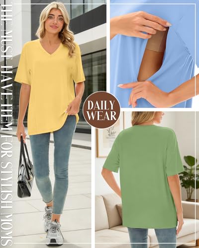 4 Pack Women's Oversize Nursing Tops - color: Light Blue, Pink, Light Green, Yellow, size: XX-Large