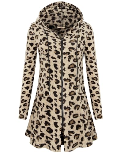 Miusey Womens Zip Up Long Hoodie Jacket Lightweight Tunic Sweatshirt Open Front Cardigan - color: 2# Leopard-fleece, size: X-Large