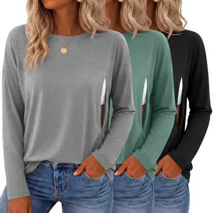 3 Pack Nursing Breastfeeding Tops - color: Light Gray, Light Green, Black, size: Small