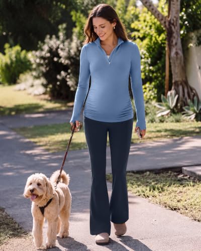 G4Free Lightbreeze Maternity Shirts Long Sleeve Quarter Zip Pregnancy Top - color: Dusty Blue, size: Medium
