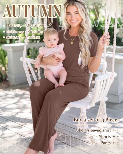 3 Piece Postpartum Nursing Pajamas Set Nursing Lounge Set - color: Coffee, size: Small