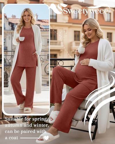 Women's 2 Piece Maternity Ribbed Pajama Outfit - color: Caramel, size: Small