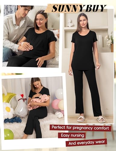 SUNNYBUY Womens Maternity Nursing Pajamas Set 3 Piece Breastfeeding PJS - color: Black, size: XX-Large