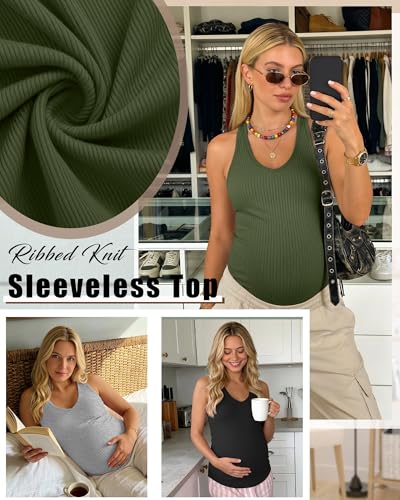 3 Pack Maternity Tank Tops Ribbed V Neck - color: Army Green, Light Gray, Black, size: Medium