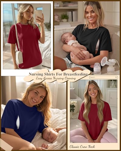 Riyiper 3 Pack Women's Nursing Short Sleeve Shirts - color: Dark Red, Navy Blue, Black, size: Medium