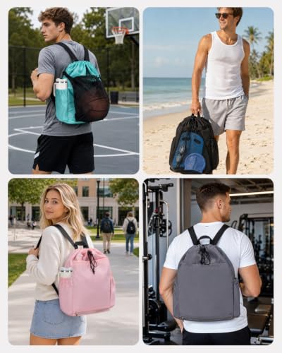 Drawstring Backpack with Shoe & Wet Compartments, Cup & Ball Holders, Black - color: Black