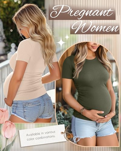 Ficerd 3 Pack Women's Short Sleeve Maternity Shirts - color: Light Army Green, Apricot, Pumpkin, size: X-Large