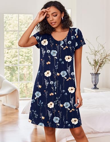 Ekouaer 3 Pack Women's Button Down Nightgowns Short Sleeve Night Shirts - color: Black,blue,navy Flowers, size: Medium