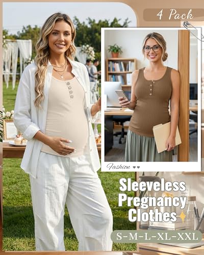 4 Pack Maternity Henley Tank Tops - color: Apricot, Light Coffee, Coffee, Black, size: Large