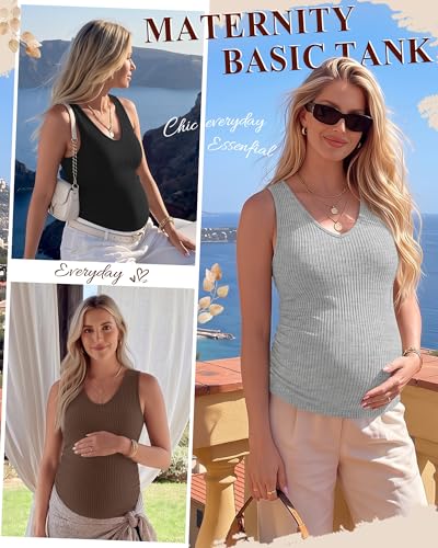 Ficerd 3 Pack Maternity Sleeveless Tank Tops - color: Brown, Light Gray, Black, size: XX-Large