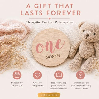Kate & Milo Wooden Baby Monthly Milestone Discs, Pink Script Design - color: Pink Text Circle