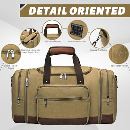 50L Expandable Canvas Duffle Bag Weekender Travel Carry On Gym - color: Khaki