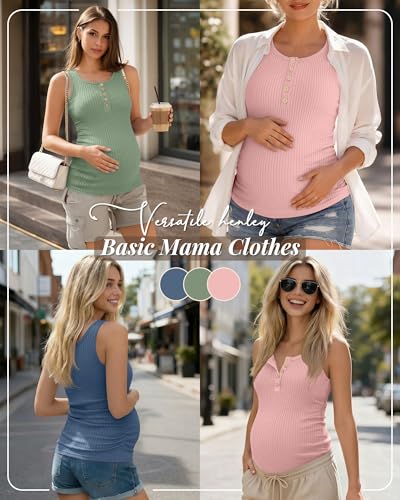 3 Pack Maternity Tank Tops Ribbed Tops - color: Light Pink, Gray Green, Haze Blue, size: X-Large