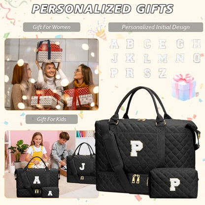 Birthday Gifts Initial Duffle Bag with Shoe Compartment(Black,P) - color: Black, style: P