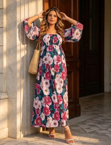 Maternity Square Neck Floral Maxi Dress Bell Sleeve Gown - size: Large