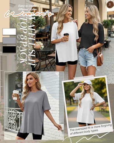3 Pack Womens Oversized Waffle Knit Tops - color: Black, Gray, White, size: Medium