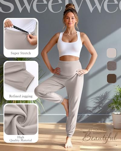 3 Pack Women's Maternity Jogger Pregnancy Sweatpants - color: Apricot, Light Coffee, Brown, size: Small
