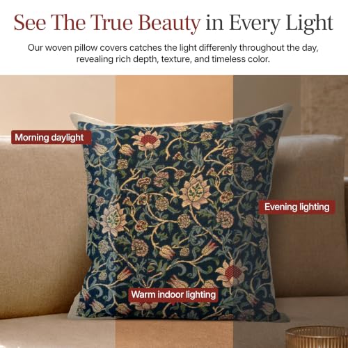 William Morris Fleur de Morris Black Tapestry Throw Pillow Cover 16 x 16 in - color: Red,cream,red