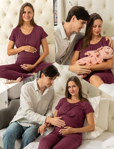 SUNNYBUY 3 PCS Maternity Nursing Sleepwear Set with Nightgown, Top & Pants - color: Burgundy, size: Medium