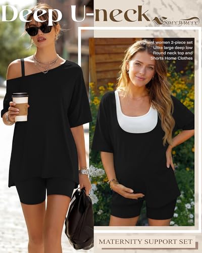 2 Piece Women Maternity Set Pregnancy Outfit - color: Black, size: Small