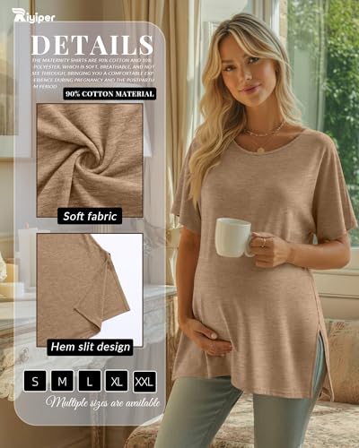 Riyiper 3 Pack Women's Maternity Tunic Cotton Shirts - color: Cream, Khaki, Coffee, size: X-Large