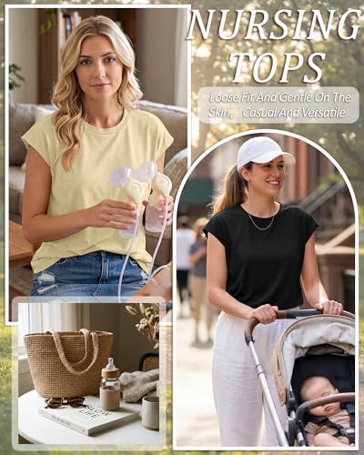 Ficerd 3 Pack Women's Nursing Cap Sleeve Shirts - color: Blue, Beige, Black, size: XX-Large