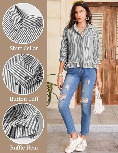 Flygo Womens Striped Button Down Shirts Cropped 3/4 Sleeve Ruffled Blouses - color: Black, size: Large