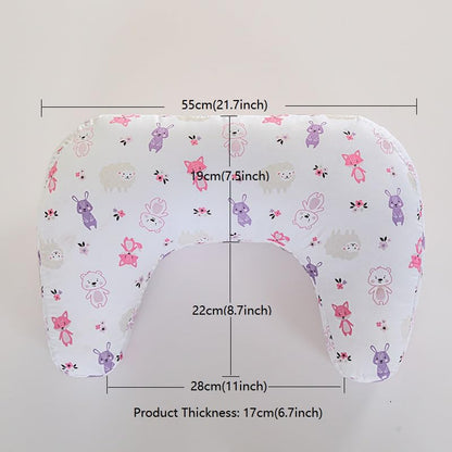 U-Shape Breastfeeding Nursing Pillow Set, 1 Insert and 2 Removable Covers - color: Pink & White Animals Party