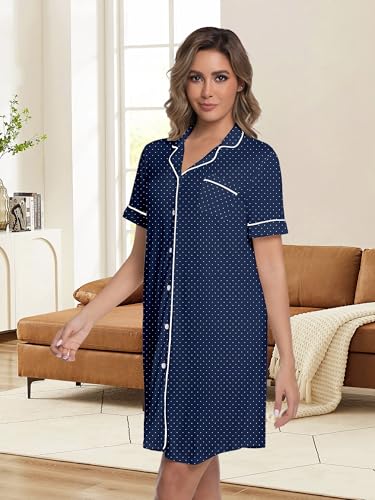 Womens Nightgown Bamboo Viscose Button Down Night Gowns - color: Blue Dotted, size: X-Large